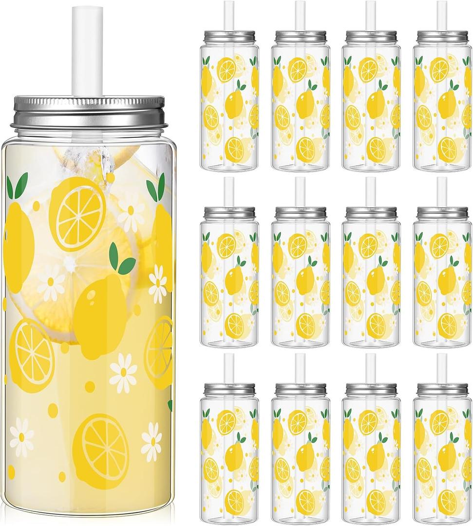 Baderke 12 Pcs Hawaiian Plastic Cups with Lids and Straws 13.5 oz Tropical Luau Clear Drinking Cup for Whiskey Soda Tea Juice Smoothies Coffee Milk Beach Birthday Party Supplies (Lemon)