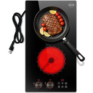 2 Burner Electric Cooktop 110v Hobsir, 2000W Electric Stove Top Burner 12 Inch, 9 Power Levels, Knob & Touch Control, Plug in Cooktop 120v, 99 Mins Timer, Safety Lock, Automatic shutdown