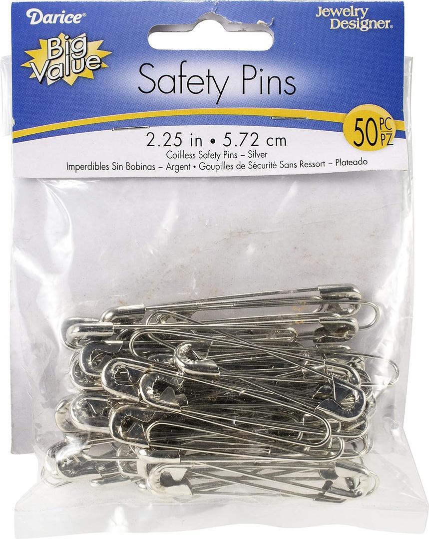 Darice 50-Piece Coilless Safety Pin, 2.25 inch, Silver, Count of 50