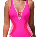 popvil One Piece Swimsuit for Women 2026 Neon Color Block Bathing Suit Deep V Neck Swimsuit Slimming Adjustable Swimwear