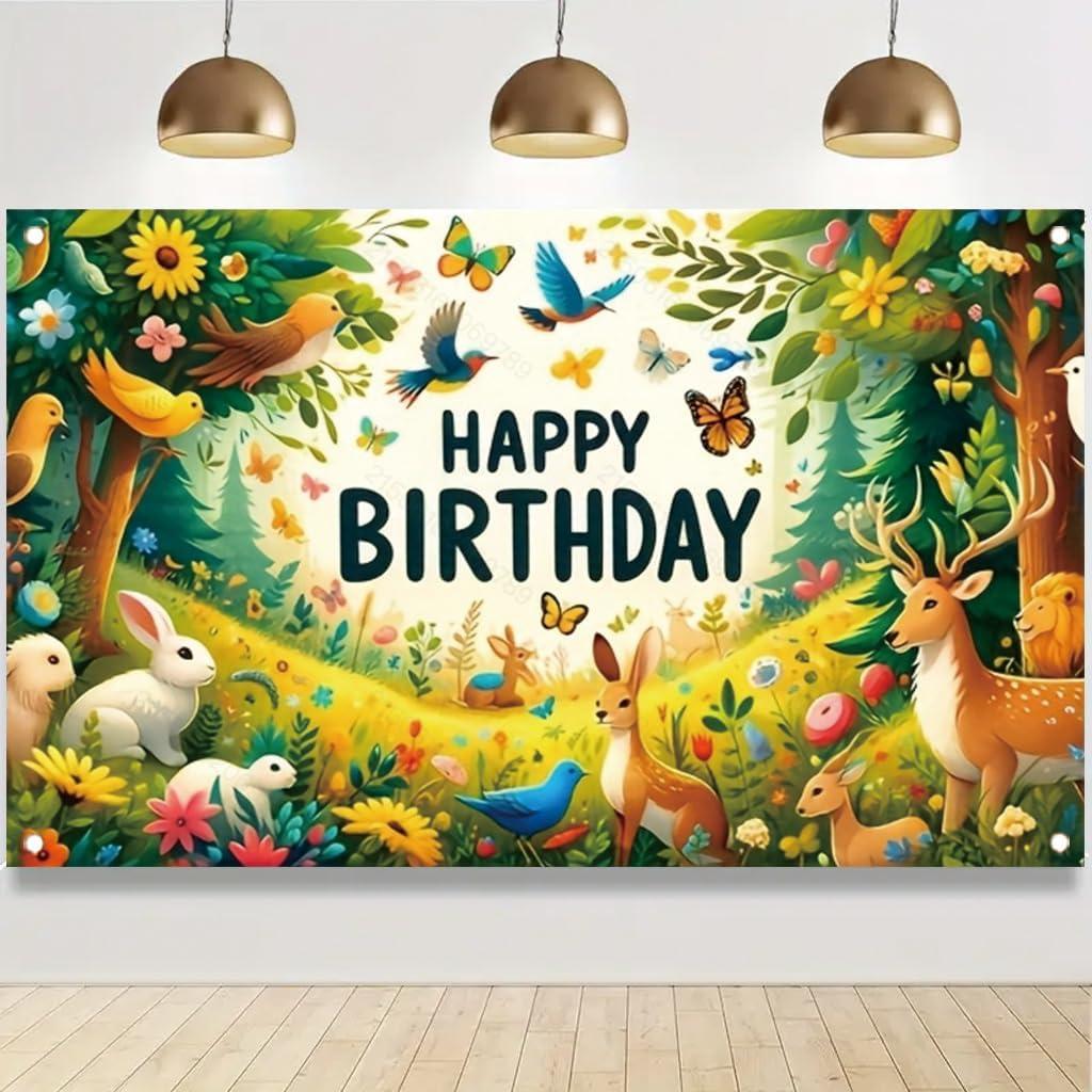 Forest Animal Birthday Banner 71x43 Inch Woodland Deer Rabbit Bird and ButterflyDesign for Kids Party Decoration Indoor Outdoor Nature Themed Birthday Decor