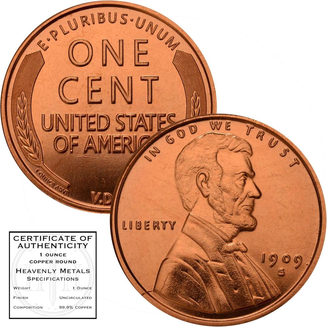 Lincoln Wheat Cent 1909 S VDB Design 1 oz Pure .999 Copper Round Collectible Jumbo 39mm Coin in Capsule - COA by Heavenly Metals