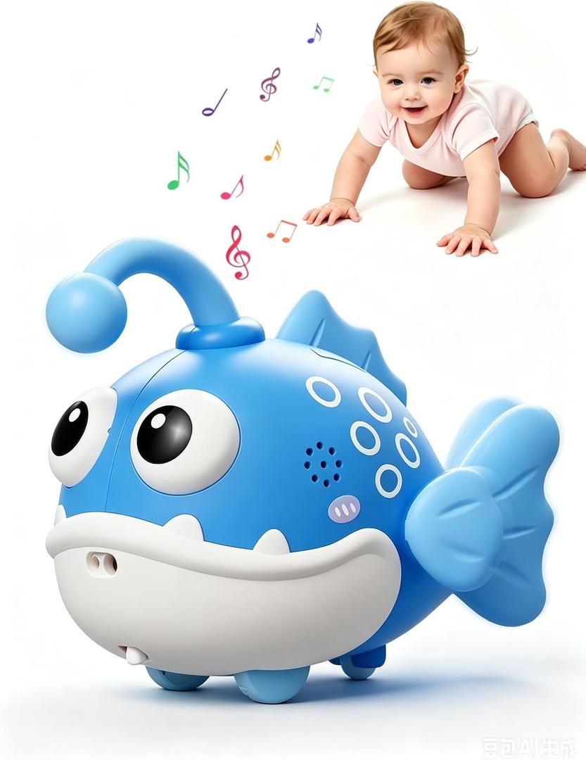2 x Crawling Cartoon Fish Baby Toy, Light Up Antenna with 60 Built-in Songs, Auto Obstacle Avoidance, Tummy Time Play Gift for 6+ Months Infants & Toddlers(Bule)