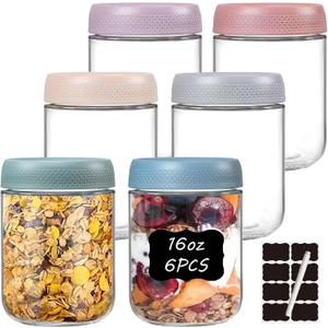 6 Pack 16oz Overnight Oats Containers with Lids Wide Mouth Mason Glass Jars Food Storage Containers for Snacks Yogurt Spice Sugar Meal Prep with Stickers and Marker
