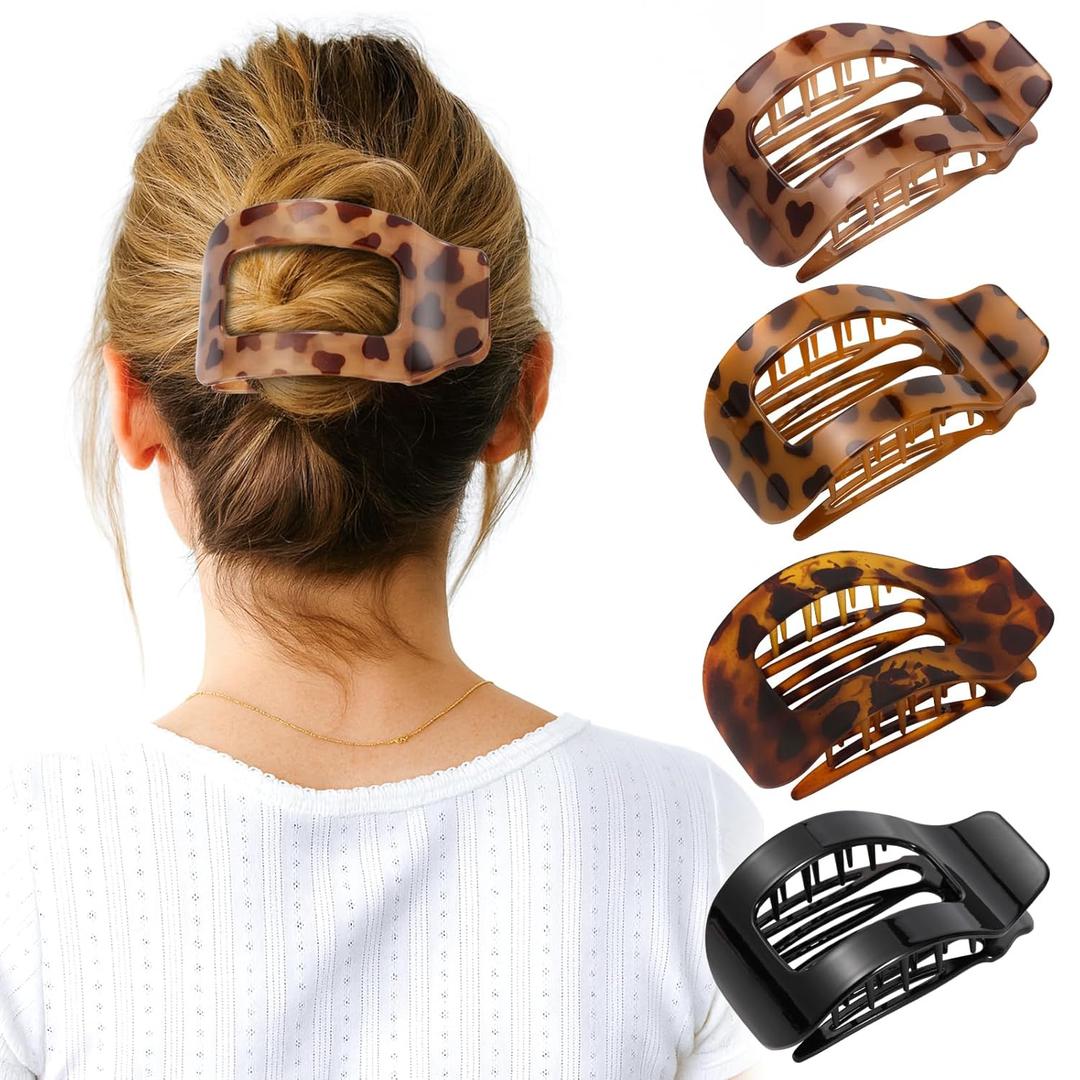 4 PCS Flat Hair Clips for Women, Large French Flat Claw Clips for Thick Thin & Curly Hair, Strong Hold Non Slip Leopard Print Jaw Clips Hair Accessories for Girls Valentine's Day Gift, Tortoise