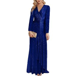 meilun Long Sleeve Sequin Dress for Women Formal Gowns Sparkly V Neck Maxi Dress (Medium, B-royalblue)