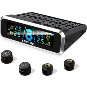 leepee S13 Car Tire Pressure Monitoring System, USB/Solar TPMS 0-87PSI for RV, Auto Security Alarm Systems Digital LCD Display, Trailer TPMS with 4 Sensors & 5 Alarm Modes