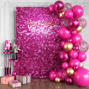 Hot Pink Shimmer Wall Backdrop 24PCS, Black Back Not See-Through Design, Square Sequin Glitter Backdrop Panel, Perfect for Outdoor Events, Birthdays, Wedding and Party Decoration