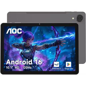 AOC 10.1 inch Android Tablet, Android 16 System, 120Hz Ultra-Smooth Display, 4GB RAM 128GB ROM (1TB Expandable), Octa-Core Processor, Widevine L1 for HD Streaming, Face Unlock, Slim Metal Body, GPS