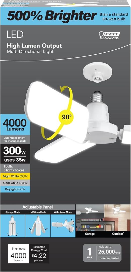 Feit Electric LED Garage Light Bulb, 300W Equivalent, 4000 Lumens, 3CCT, Adjustable Panel, Multi-Directional Garage Light Panels, E26 Base, 25,000-Hour Lifetime, ADJ4000/3CCT/LED