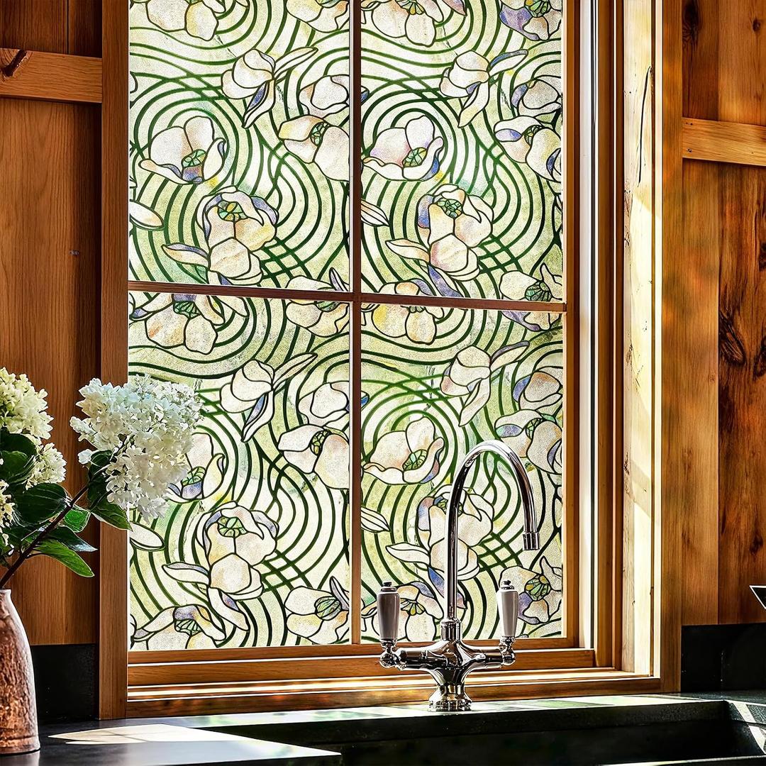 Window Privacy Film, 3D Stained Glass Window Film, 23.6x35.4in | Decorative Window Privacy Film for Bathroom, Front Door, Home, Sun Blocking Heat Control, Static Cling, Dancing Plant