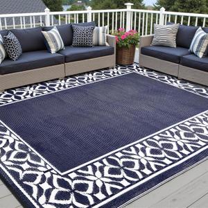 PureCozy Outdoor Plastic Straw Rug Navy Blue Large Outside Waterproof Outdoor Patio 9x12 Carpet Geometric Reversible Mat Modern for Camping RV Porch Deck Balcony Beach