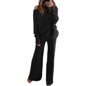 Fixmatti Women's Knitted Outfits 2 Pieces Sweatsuit High Neck Sweater Wide Leg Pant Set (Medium, Zz-black)