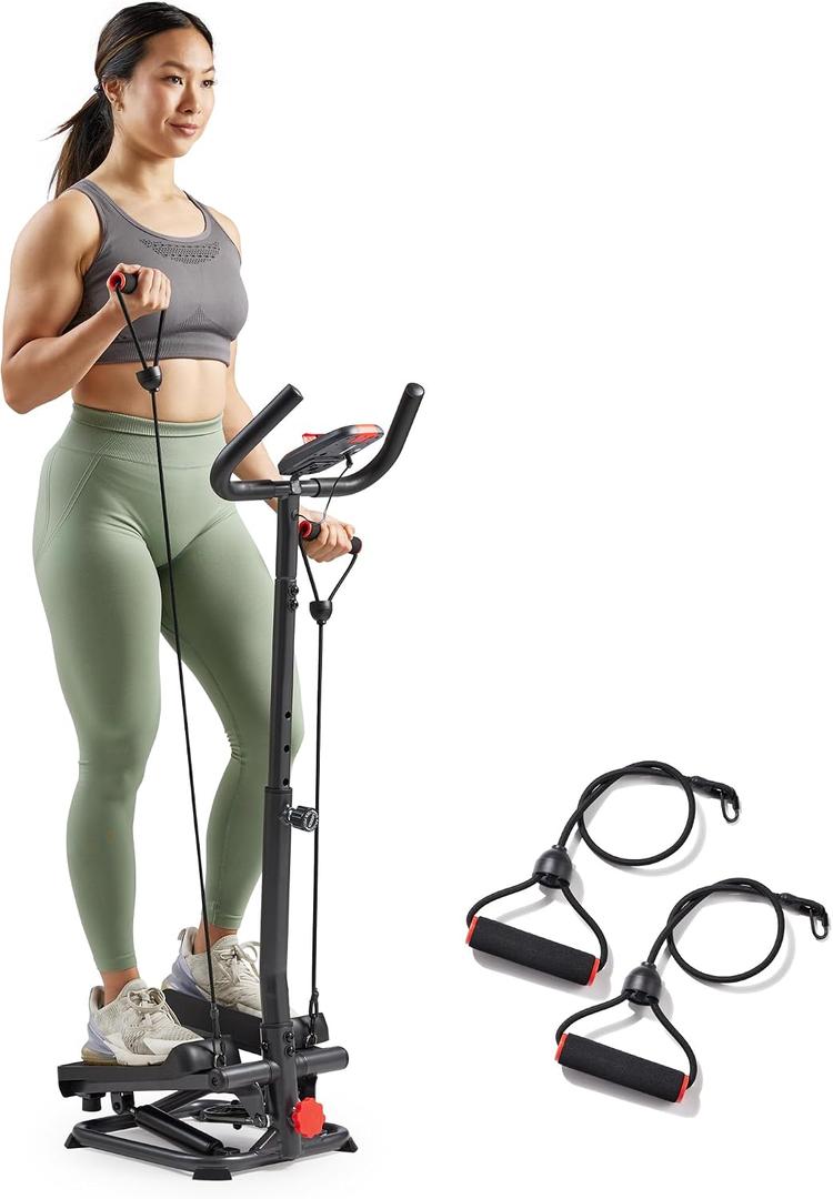 Sunny Health & Fitness Total Body 2-in-1 Smart Stepper Machine for Home with Handlebar and Resistance Bands