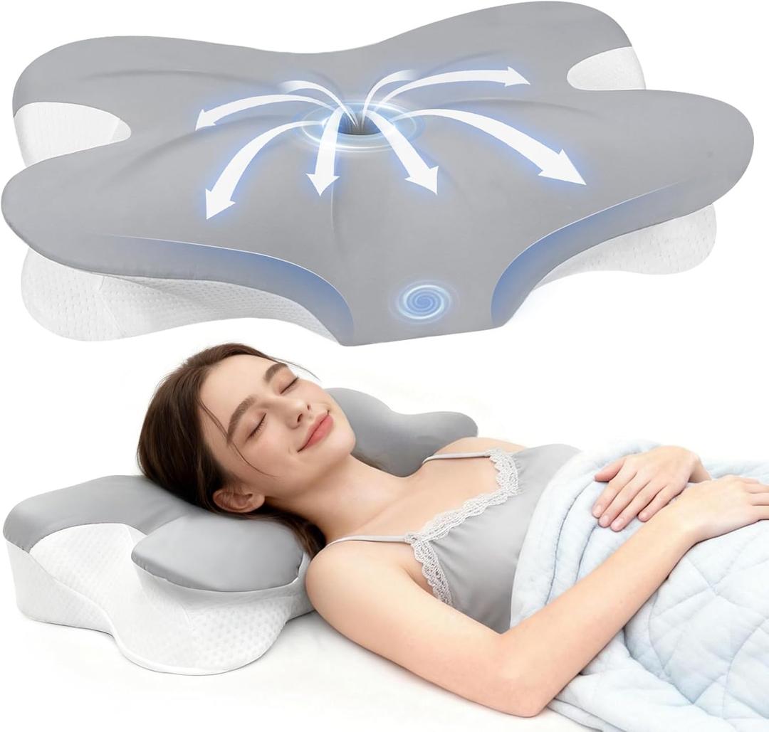 Cervical Neck Pillow for Neck Pain Relief and Sleeping, Ergonomic Contour Memory Foam Pillow with Breathable Pillowcase, Neck Support Pillow for Side, Back, Stomach Sleepers (Queen Size, Grey-white-5)