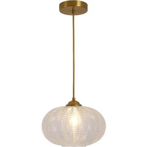 KCO Lighting Clear Ribbed Glass Pendant Light Vintage Brass Gold Pendant Lighting Large Globe Pendant Lights Kitchen Island Mid Century Modern Hanging Light for Living Room