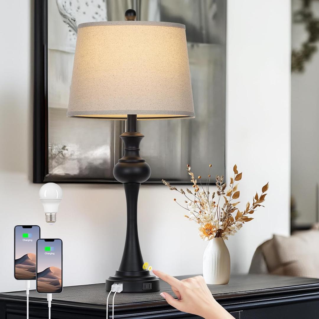 CINSARY 28.75'' Modern Black Metal Table Lamps Living Room Lamp for Nightstand Bedside End Lamp Home Decor Touch Lamp Modern Lamps with USB A+C Ports & Outlets Bulb Included