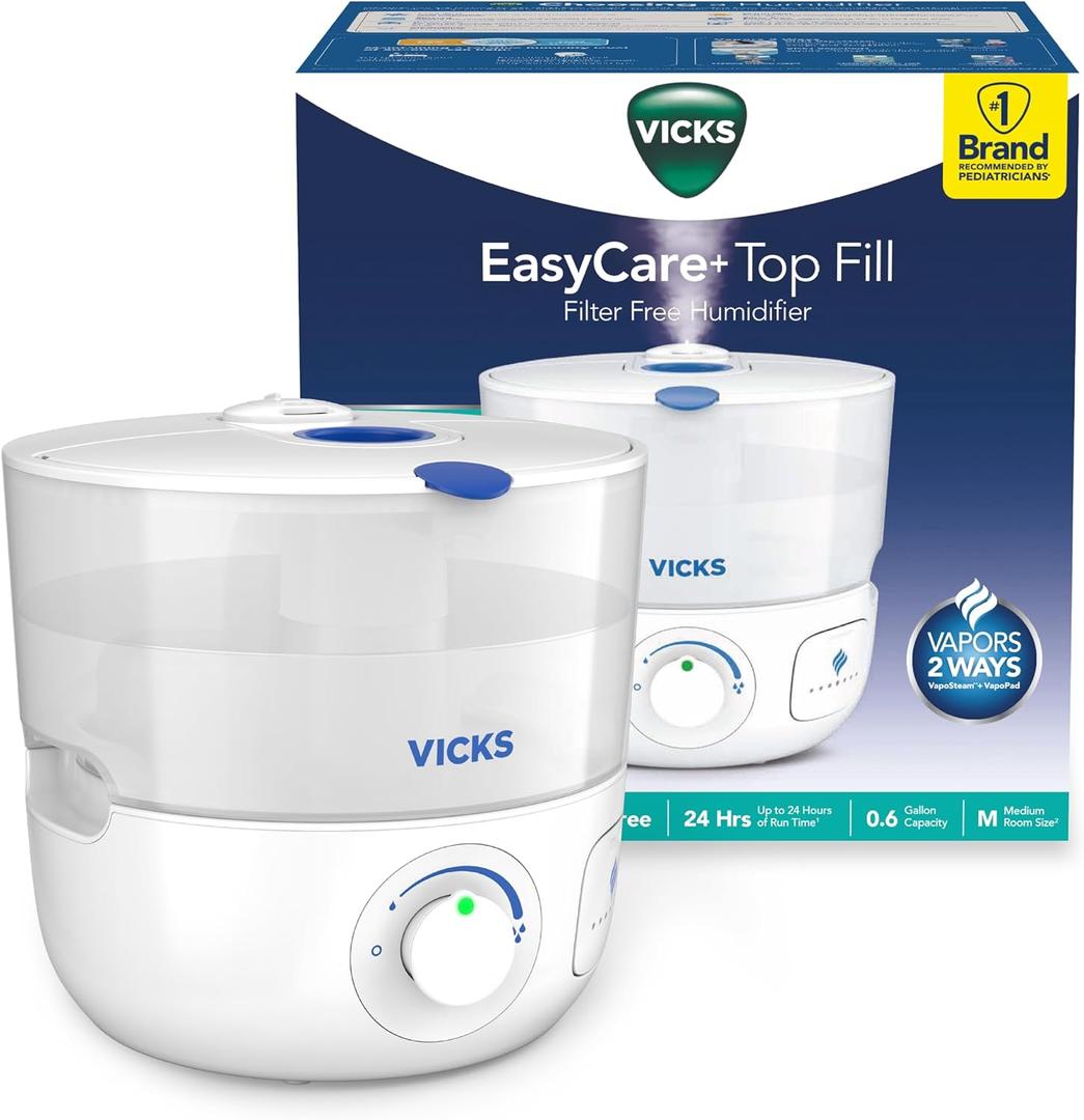 Vicks EasyCare Plus Top Fill Filter-Free Cool Mist Humidifier, Small RoomFor Vapors 2 Ways Works with Vicks VapoPads and VapoSteam, White