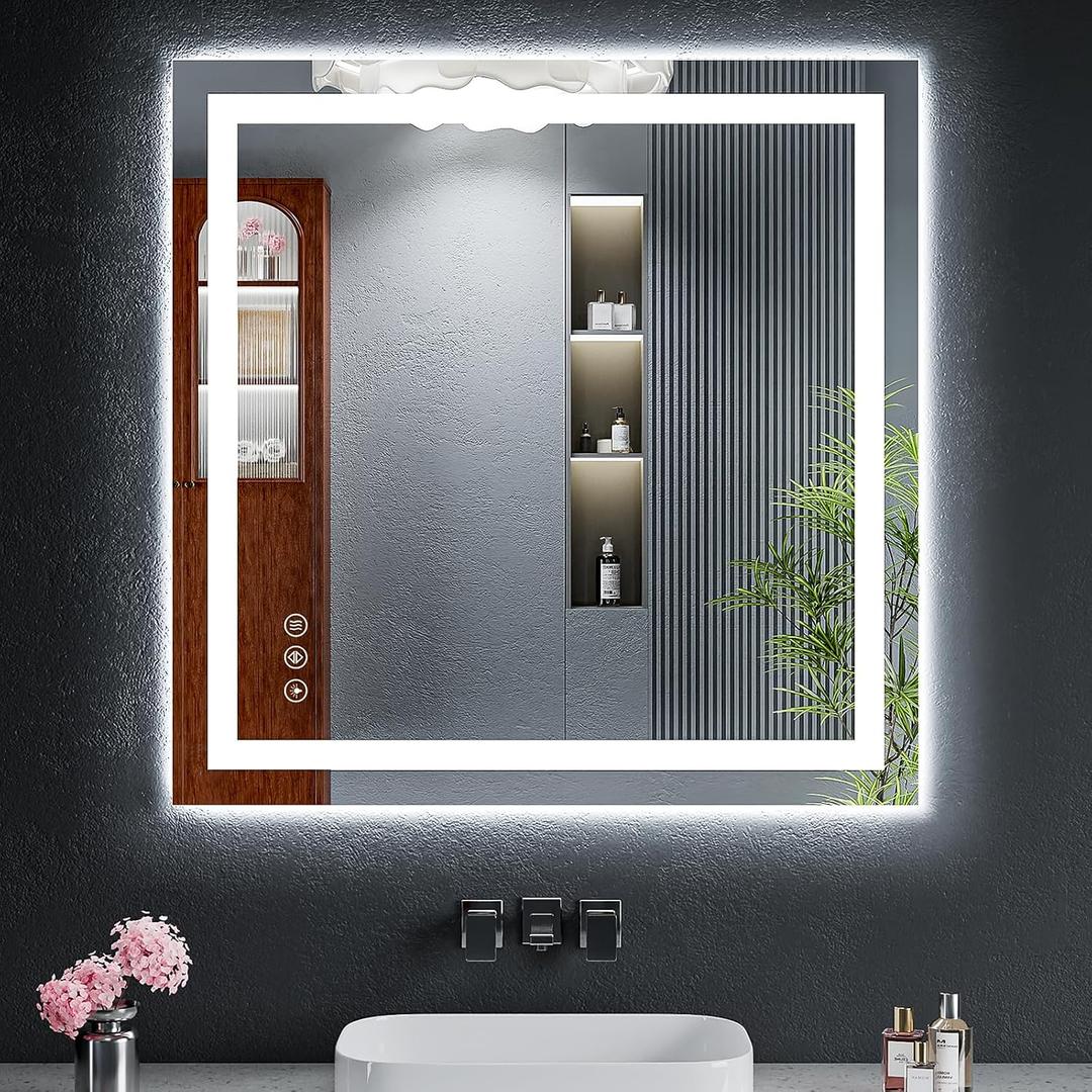 30"x30" LED Bathroom Mirror with Lights, Backlit + Front Lit with CRI>90, Lighted Mirror for Bathroom, Anti-Fog, Dimmable Brightness, 3 Colors, Memory Function, Shatterproof Tempered Glass