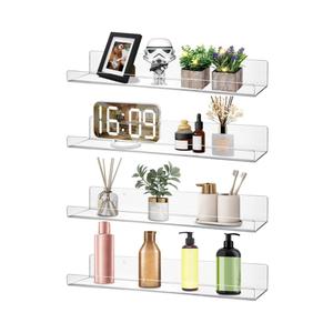 Dezzer 4 Pack Acrylic Shelves for Wall, 15" Clear Acrylic Floating Shelves for Bathroom Bedroom, Invisible Bookshelf Wall Ledge Storage Shelf Books Perfume Toys Action Figure Display Shelves