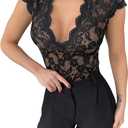 SweatyRocks Women's Sexy Floral Lace Trim Corset Bodysuit Backless Deep V Neck Bustier Tops Sheer Date Night Romper (Black, L)
