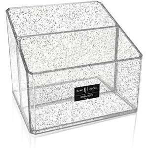 Isaac Jacobs Clear Acrylic 2-Section Organizer, Remote Holder & Multi-Functional Makeup, Brush, Pen & Pencil Storage Solution, for The Home, Bathroom, Office, Child’s Desk (2-Section, Silver Glitter)