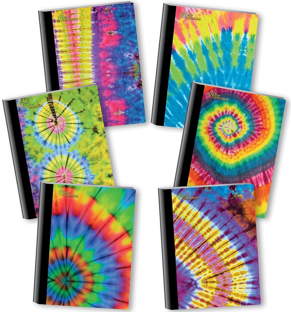 New Generation  Tie Dye - Composition Notebooks, 80 Sheets / 160 Pages Wide Ruled pages Comp Book, Durable Laminated covers with Assorted Fashion Eye-Catching Designs, 6 Pack Notebooks