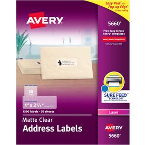 Avery Printable Address Labels with Sure Feed, 1" x 2-5/8", Matte Clear, 1,500 Blank Mailing Labels (05660)