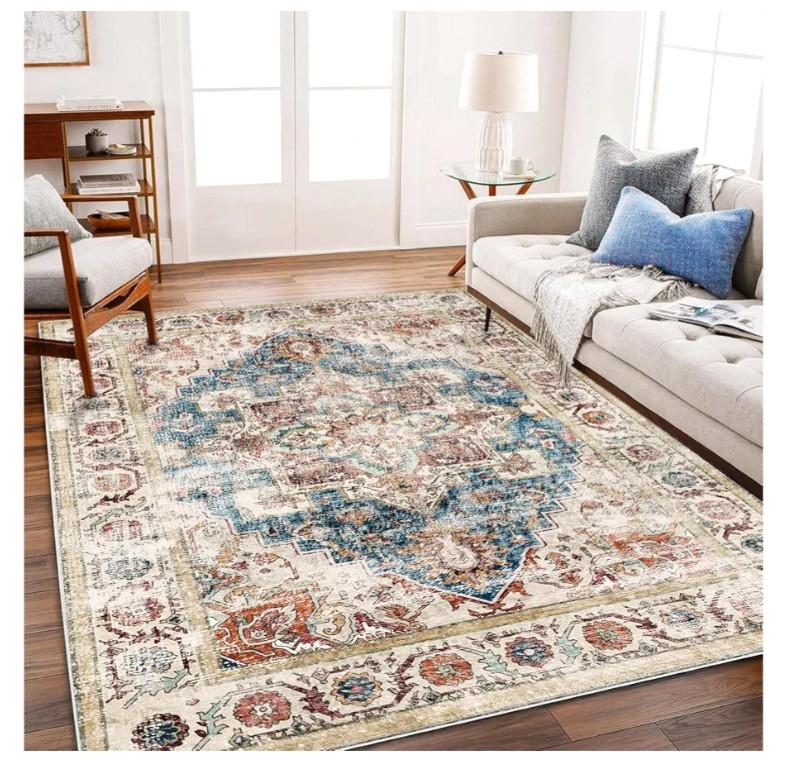 CHAMPLANT Beige Blue Washable Area Rug 8'x10' Boho Chic Medallion Distressed Design Non-Shedding Easy Care Ideal for High Traffic Areas in Living Room Bedroom Office Coffee Table Large Carpet