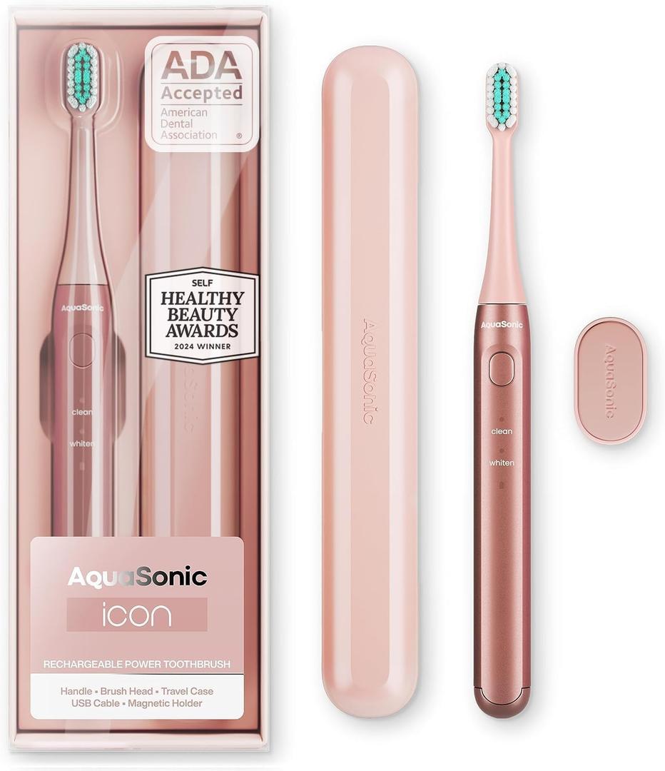 Aquasonic Icon ADA-Accepted Rechargeable Toothbrush | Magnetic Holder & Slim Travel Case | 2 Brushing Modes & Smart Timers | Gentle Micro-Vibrations (Blush) (1 Count (Pack of 1))