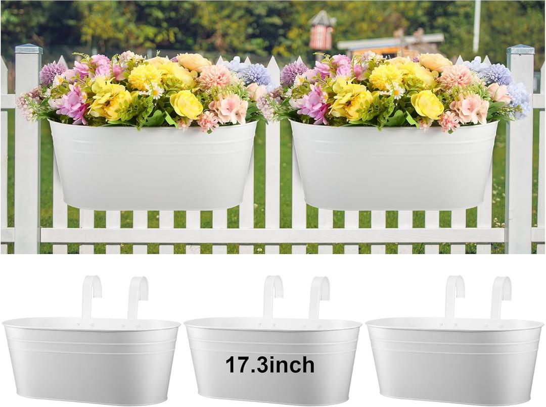 Honeydak 3 Pcs 17.3 Inch Large Metal Iron Hanging Flower Pots Outdoor Rail Planter with Detachable Hooks and Drainage Holes Deck Railing Fence Flower Buckets Plant Holder for Home Window Decor(White)