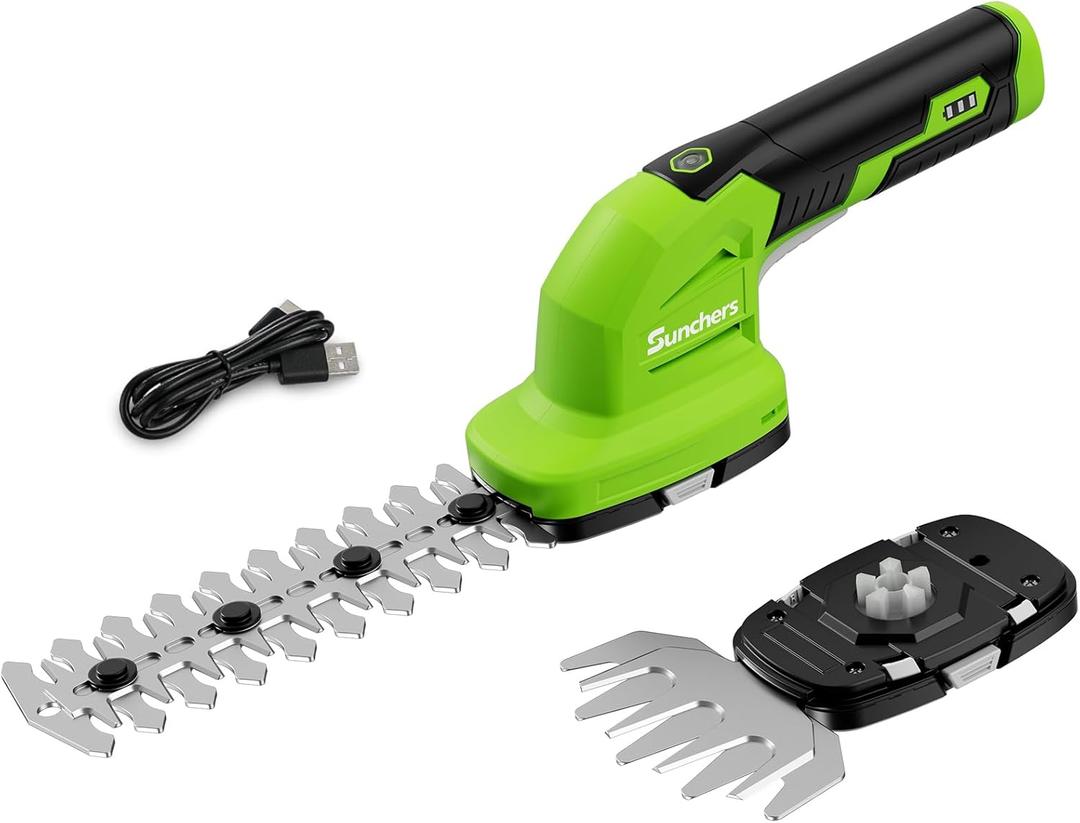 2 in 1 Hedge Trimmer Cordless, 7.2V Electric Grass Cutter and Hedge Shears, Handheld Shrub Bush Trimmer, Lightweight Grass Shears with 2 Blades, Rechargeable Garden Tool with Battery and Type-C Cable (Green)