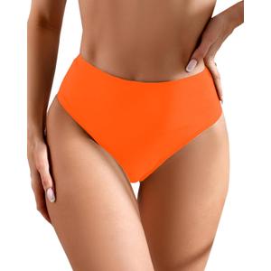 Women's Sexy High Waisted Ruched Back Cheeky Thong Bikini Swimsuit Bathing Suit Bottoms (Medium, Orange)