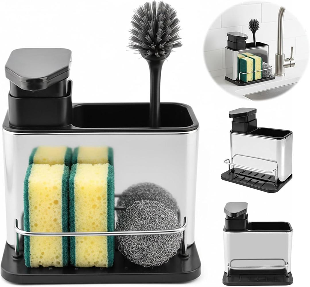 Dish Soap Dispenser, 3-in-1 Sponge Holder, Kitchen Soap Dispenser, Organizer Dish Soaps Dispenser,Sink Caddy,Stainless Steel Dishs Brush Scrubber with Sponge Holder(Color:Black)