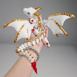 3D Printed Dragon with Wings, 3D Printed Animals Toys, Fidget Dragon Toys, Flexible Articulated Winged Crystal Dragon Model, Desktop Pet Decor, Dragon Gift for Kids & Adult (White-Gold)