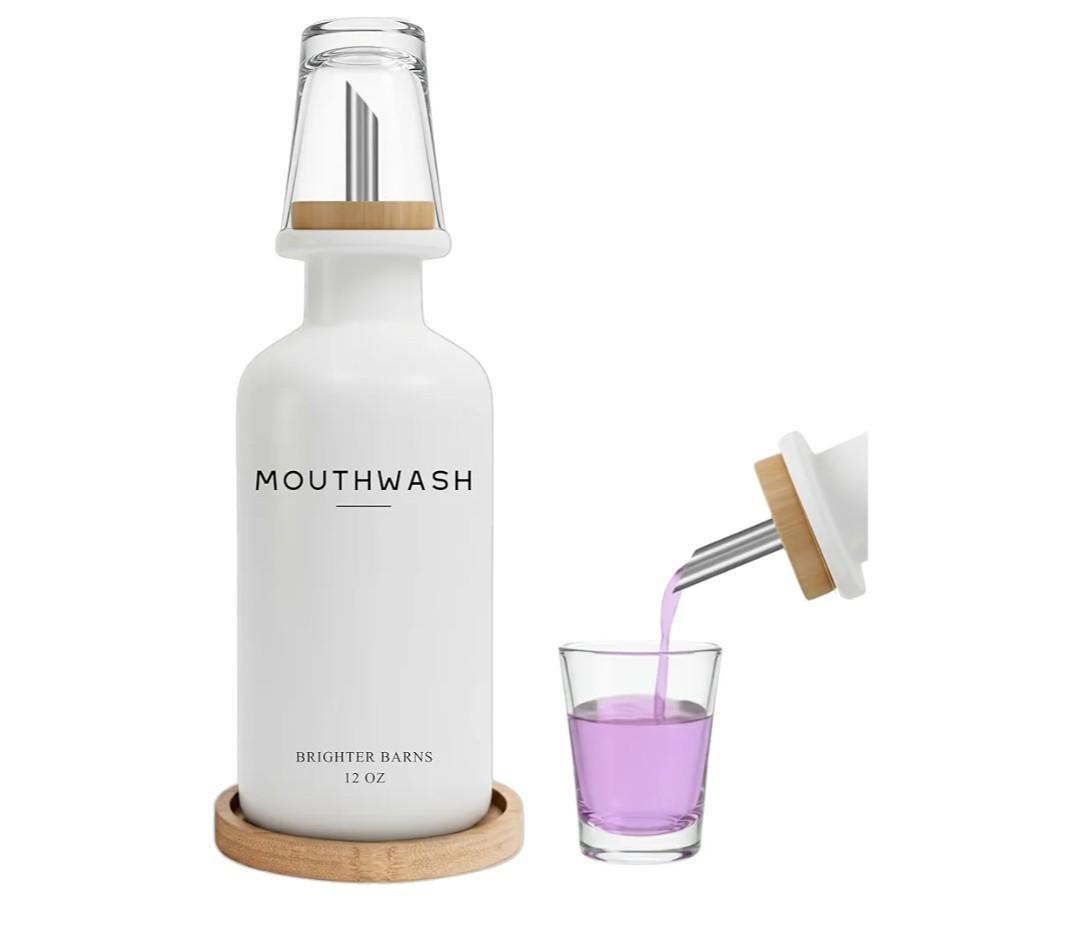 White Glass Mouthwash Dispenser for Bathroom by Brighter Barns - Mouth Wash Dispensers with Stainless Steel Spout, Mouthwash Cup, Tray - Minimalist Bathroom Decor for Hotel, Spa, Dental Office (White