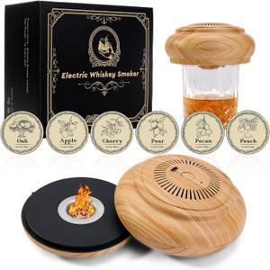 Electric Whiskey Smoker Kit with 6 Wood Chips, Portable Cocktail Smoker, Rechargeable Drink Infuser for Whiskey, Bourbon, Rum, Old Fashioned, Home Bar Accessories, Gift for Men, Dad, Whiskey Lovers