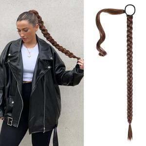 SEIKEA Upgraded Long Braid Ponytail Extension with Elastic Tie Straight Sleek Wrap Around Braid Hair Extensions Ponytail Medium Brown with Medium Auburn 34 Inch (After Braided 30 Inch)