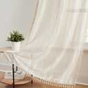 Beige Boho Lace Sheer Window Curtain Panels with Classic Tassels 72 Inches Long,Natural Geo Embroidery Pattern Living Room Drapes,Farmhouse Rod Pocket Bedroom Window Treatment,40" Wx72 Lx2