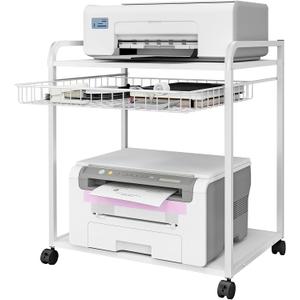 Large 2 Tier Storage Printer Stand with Basket,23.6"x21.6"x15.7" Rolling Printer Cart Under Desk,Printer Table with Wheels for Home Office,White