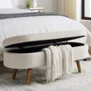 Oval Storage Bench 43.5" Linen Fabric Upholstered Entryway Bench with Solid Wood Legs Ottoman Bench Indoor Bench for Living Room/Bedroom/End of Bed/Entryway (Beige)