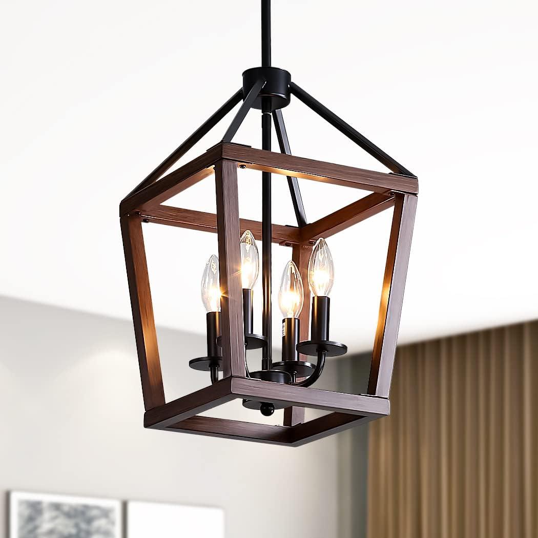 Farmhouse orb Metal Chandelier4-Light Vintage Handmade Rustic Wood Pendant Hanging Light Fixture for Kitchen Island Dining Room Living Room Bedroom Foyer Hallway (Dark Brown)