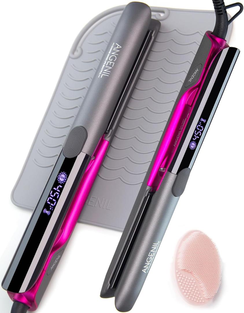 ANGENIL Professional Titanium Flat Iron Hair Straightener and Curler 2 in 1, Dual Voltage Hair Straighteners for Women, 20S Fast Heating Flat Iron 1-inch with Anti-scalding and Anti-Slip Silicone Mat