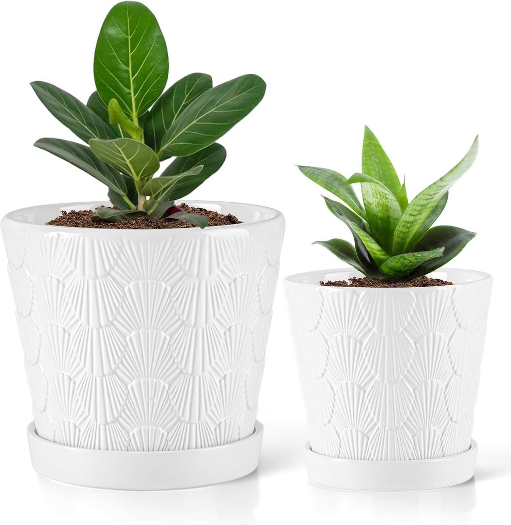 BUYMAX Ceramic Pots for Plants, 5+6 Inch Ceramic Planters with Drainage Hole and Saucer,Indoor Pots for Plants Set of 2 (White)