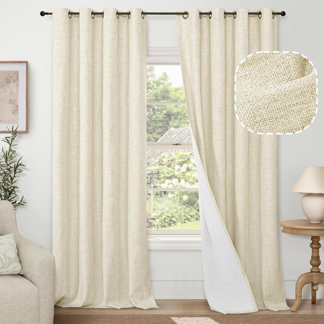 Lajode Cream 100% Blackout Curtains for Living Room 95 Inch Length 2 Panels Set, Thermal Insulated Light Blocking Faux Linen Curtains for Bedroom, Bronze Grommet Boho Window Drape Each 52" Wide
