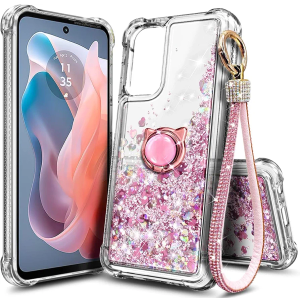 Compatible with Samsung Galaxy A16-5G Phone Case Rose Gold | Bling Sparkly Glitter Floating Liquid Waterfall Cute Cover, Women Girls Kids, Ring Holder Grip Diamond Wrist Strap Lanyard