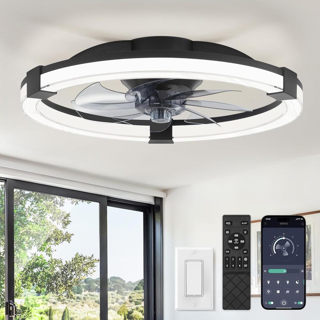 LEDIARY Ceiling Fans with Lights, 20 Inch Low Profile Ceiling Fan with Remote, 6 Speeds, Reversible, Dimmable Flush Mount Fan Light, Modern Fandelier Ceiling Fan with Lights for Bedroom, Black
