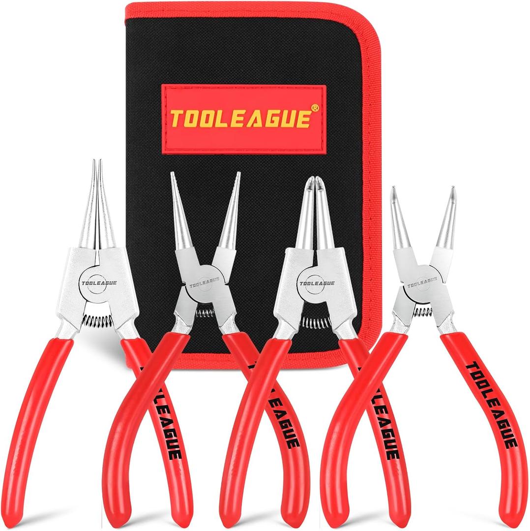 TOOLEAGUE 4 Pcs Mini Snap Ring Pliers Set, Circlip Pliers, 5 inches Internal/External Heavy Duty for Ring Remover Retaining Straight Bent Lock Ring Pliers Set (Red)