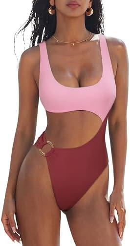 SUUKSESS Women Sexy One Piece Tummy Control Swimsuit Cutout Backless Bathing Suit, M
