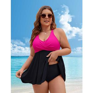 Edelqual Womens Plus Size Tankini Swimsuit Two Piece Tummy Control Bathing Suits Swim Dress Swimwear with Shorts Large